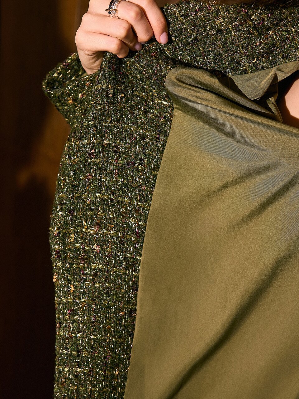 MOTF AUTUMN/WINTER VINTAGE LUXURY COMMUTER OFFICE ELEGANT TWEED LAPEL SINGLE BUTTON WAIST-CINCHING SHORT MILITARY GREEN WOMEN'S BLAZER