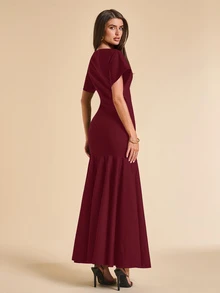 SHEIN BAE 女款純色蝙蝠袖短袖魚尾下擺優雅洋裝 - 酒紅色 - 查看 2