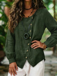 Holdful Holdful Women's Fashion Versatile Asymmetric Button Long Sleeve Shirt - Dark Green - View 3