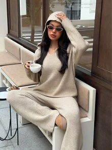 Autumina Women's Autumn/Winter Casual Hooded Loose Fit Versatile Pique Knit Top & Drawstring Pants 2 Pieces Set - Camel - View 6