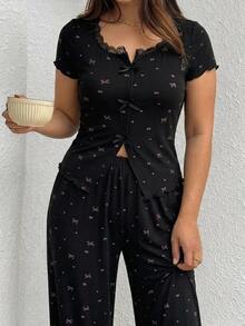 Dazy Plus 2pcs Lace Patchwork Short Sleeve Cardigan Top & Straight Leg Long Pajama Pants Sleepwear Set - Black - View 3