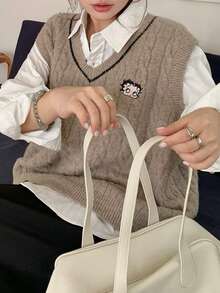 Betty Boop x DAZY Curve Solid Color Pullover V-Neck Sweater Vest, Layered Preppy Casual Style For Spring And Autumn - Khaki - View 3