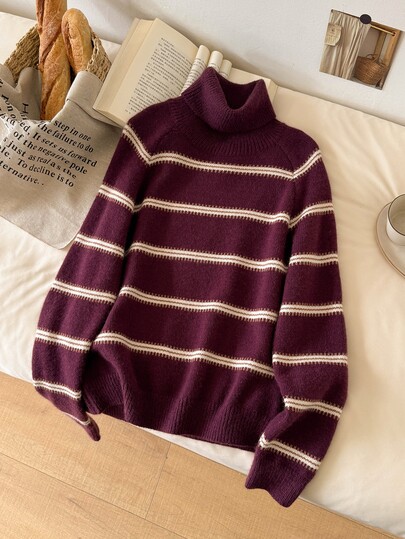 CosyJoli Women's Casual Home Vacation Loose High Neck Striped Sweater, Plum Purple Long Sleeve Knitwear, Autumn/Winter Casual Daily Going Out Sweater For Women