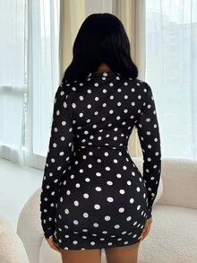 Glyssa Französisches Vintage-Kleid mit Polka-Dots, Stehkragen, Cut-outs, langen Ärmeln und geraffter Taille - Schwarz - Übersicht 2