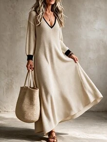 Breezaya Vacation Casual Long Knit Dress Brunch Vacation Vacation Black And Beige Autumn - Apricot - View 3
