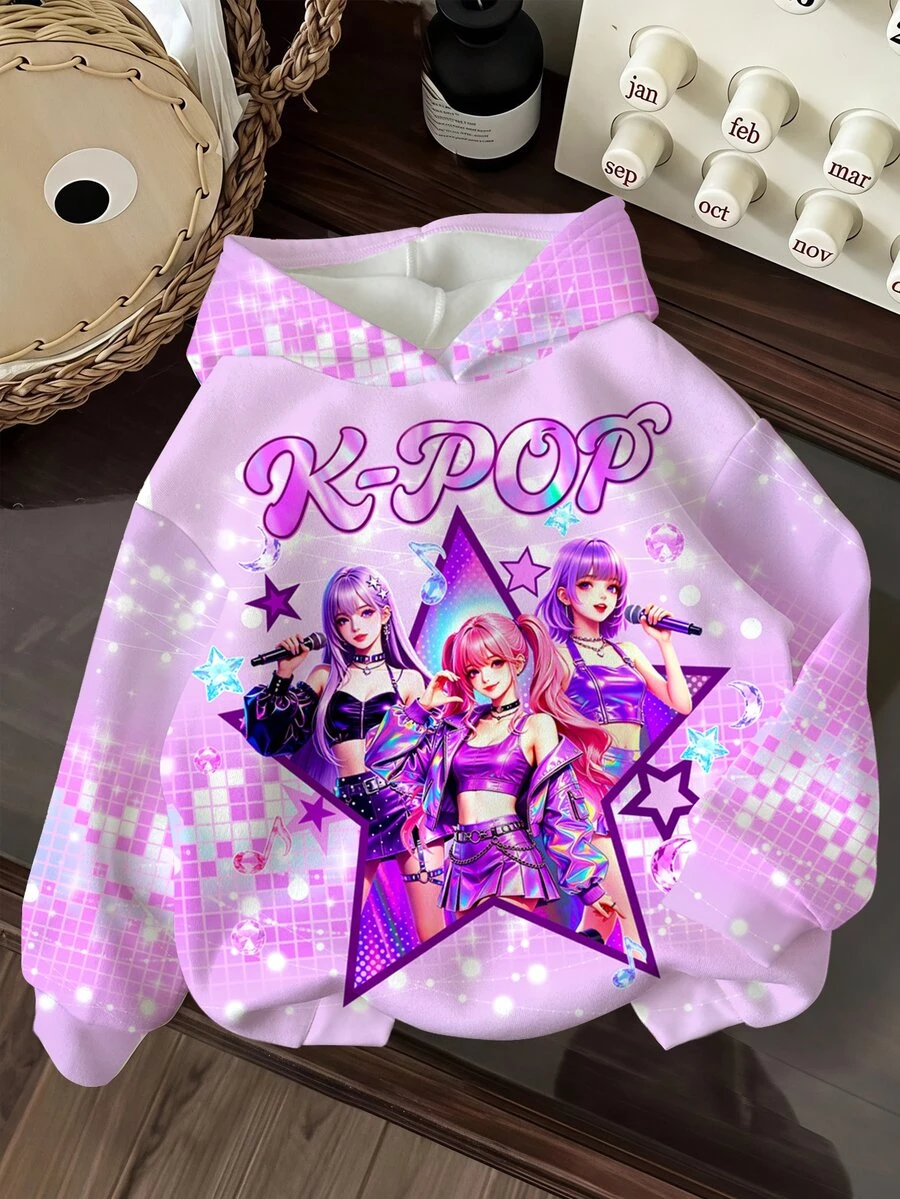 女童休閒可愛卡通女團印花 K-Pop 超級巨星款 厚實柔軟舒適連帽衛衣,適合秋冬穿著 - 彩色 - 查看 1