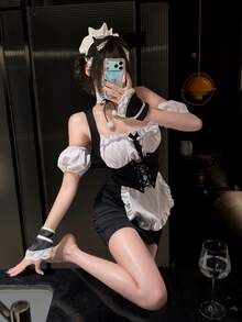 Dansine Bow Headband, Lace Cuffs, Choker, Japanese Maid Bodycon Dress Sexy Set - Black - View 3