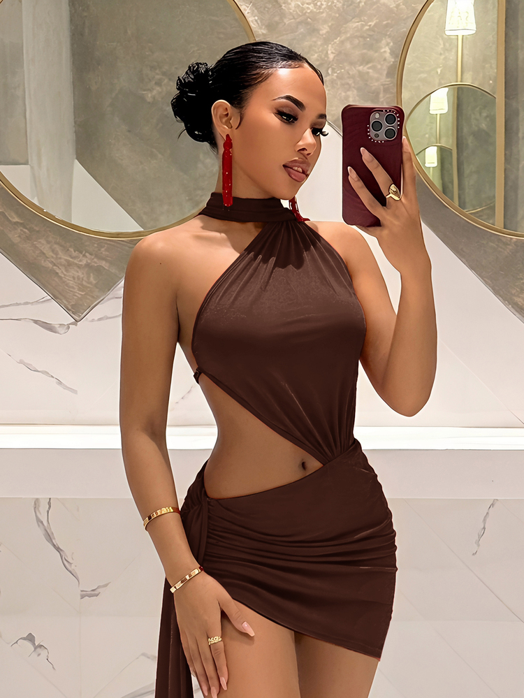 Slaydiva Summer Sexy Vacation Beach Club Date Night Party Bar Nightclub Women's Tight Backless Mini Dress-A Dark Brown - Rust Brown - View 7