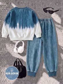 Tween Boys Sweatshirt Set Denim Effect Tie Dye Dark Blue Crew Neck Digital Print Long Sleeve Paired With Long Pants For School Active Autumn Winter - Multicolor - View 3