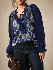 Nubod Plus Size Women's Autumn Casual Printed Patchwork Ruffle Hem Blouse - Navy Blue - View 5