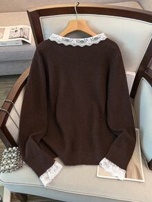 GlowEve CURVE Women's Autumn New Single Piece Round Neck Lace Trim Patchwork Pearl Button Sweet Date Fashion Versatile Knit Daily Commute Lady Loose Short Knit Cardigan Plus Size Top - Coffee Brown - View 2