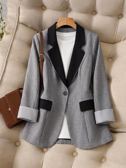 GlowEve CURVE Plus Size Women's Best-Selling Elegant Contrast Color Lapel Blazer, Slimming Minimalist Fit, Striped Cuff Design, Suitable For Daily Versatile Commute, Date, Party, Slimming Single Wear Or Layering