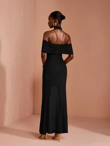 JIAN LASALA Solid Cross Wrap Halter Neck Mermaid Hem Maxi Dress - Black - View 2
