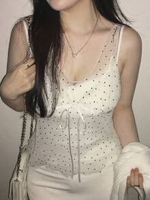 Dazy Plus Plus Size Korean Style Chiffon Polka Dot Lace Patchwork Tank Top - Apricot - View 1