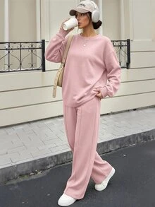 SHEIN 秋季休閒純色運動衫與運動長褲兩件套 - 粉色 - 查看 1