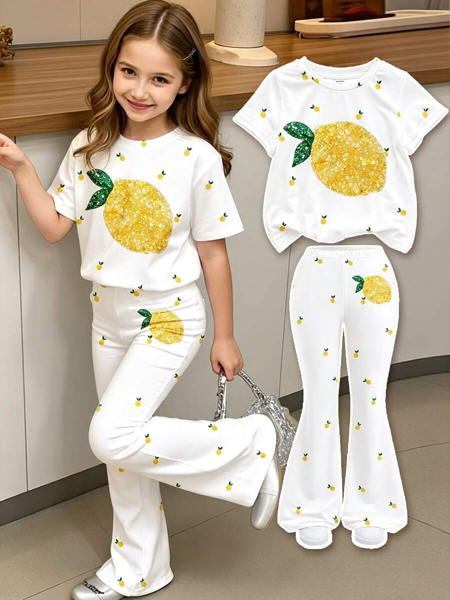 復古甜美度假風檸檬黃迷你檸檬印花少女休閒極簡卡通圖案圓領短袖上衣＋喇叭褲兩件套，適合春夏戶外野餐、出遊、街頭風、校園、慵懶風、開學季、Y2K - 彩色 - 查看 1