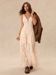 Easelle Vintage Bohemian Floral Print Contrast Lace Cami Dress - Multicolor - View 3