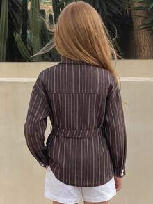 DAZY Tween Girl) Striped Long Sleeve Fashion Tie-Front Casual Shirt, Autumn New Arrival - Brown - View 2