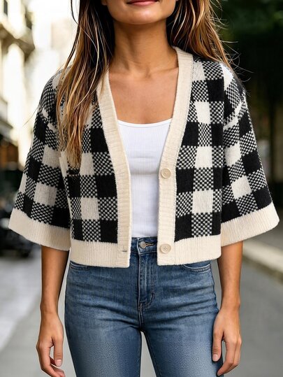 SHEIN Cardigan in maglia elegante da donna per autunno/inverno, nuovo, a quadri con blocchi di colore, scollo a V, con bottoni, corto, casual e versatile, giacca top alla moda con maniche a metà, adatto per uso quotidiano e appuntamenti