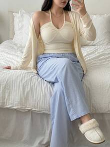 Dazy Plus 3-Piece Set Cardigan, Spaghetti Strap Strap Top, Striped Loose Straight Leg Pajama Pants Loungewear Set - Apricot - View 1