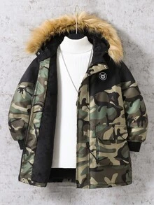 SHEIN 青少年男孩加厚外套，迷彩圖案，連帽毛領設計，時尚舒適，適合秋季與戶外穿著 - 黑色 - 查看 7