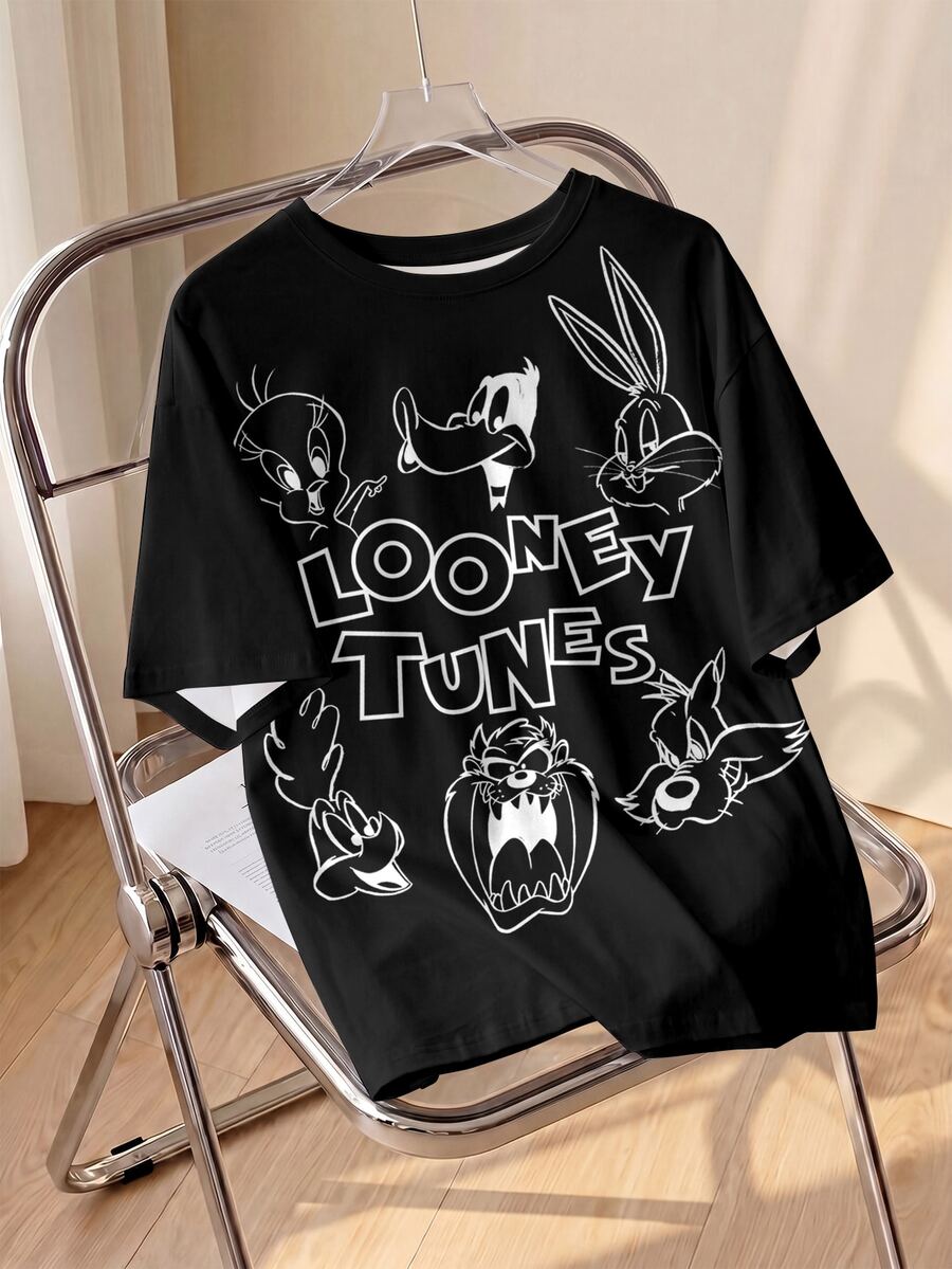 LOONEY TUNES X SHEIN Áo thun nam cổ tròn tay ngắn in chữ và hoạt hình phong cách thường ngày - trắng - Xem 1