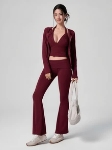 DAZY Women's Solid Color Halter Tank Top And Flared Leg Pants With Zipper Hooded Cardigan Sports Set Fall - Red - View 4