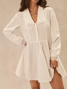 Easelle Vintage Bohemian V-Neck Embroidered Patchwork A-Line Short Dress For Women - White - View 3