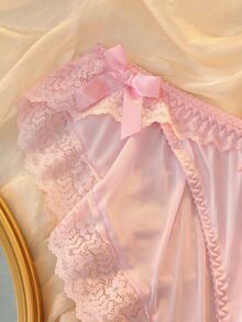 DelicateAllure Celana Dalam Satin Merah Muda Kawaii Lucu Genit Babydoll Lolita Jala Patchwork Ruffle Murni & Manis Ukuran Plus - Berwarna merah muda - View 5