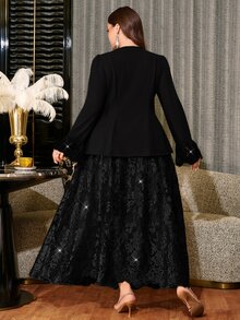 Reflora Plus Size Elegant Party Metallic Decor Top & Embroidered Mesh Skirt 2 Pieces Set - Black - View 2