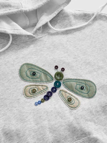 ROMWE Fairycore Women's Vintage All-Match Button Decor Dragonfly Applique Embroidery Loose Fit Versatile Sweatshirt - Grey - View 3