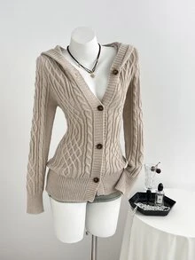 Elamini Women's Autumn/Winter Lazy Fashion Vintage Casual Daily Commute Home Cardigan - Khaki - View 4