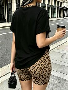Rovax Women's Summer Casual Leopard Print T-Shirt & Shorts 2 Pieces Set - Multicolor - View 2