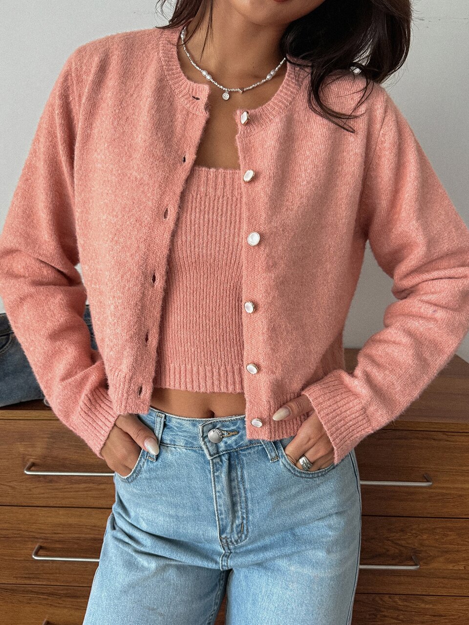 Solid Color Slim Fit Cropped Camisole & Loose Long Sleeve Cardigan Casual Vacation Autumn/Winter 2 Pieces Sweater Set For Women