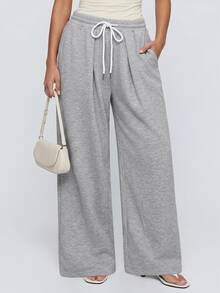 Avantive Women's Drawstring Pleated Wide Leg Loose Floor-Length Casual Sports Retro Slouchy Sweatpants - Grey - View 3