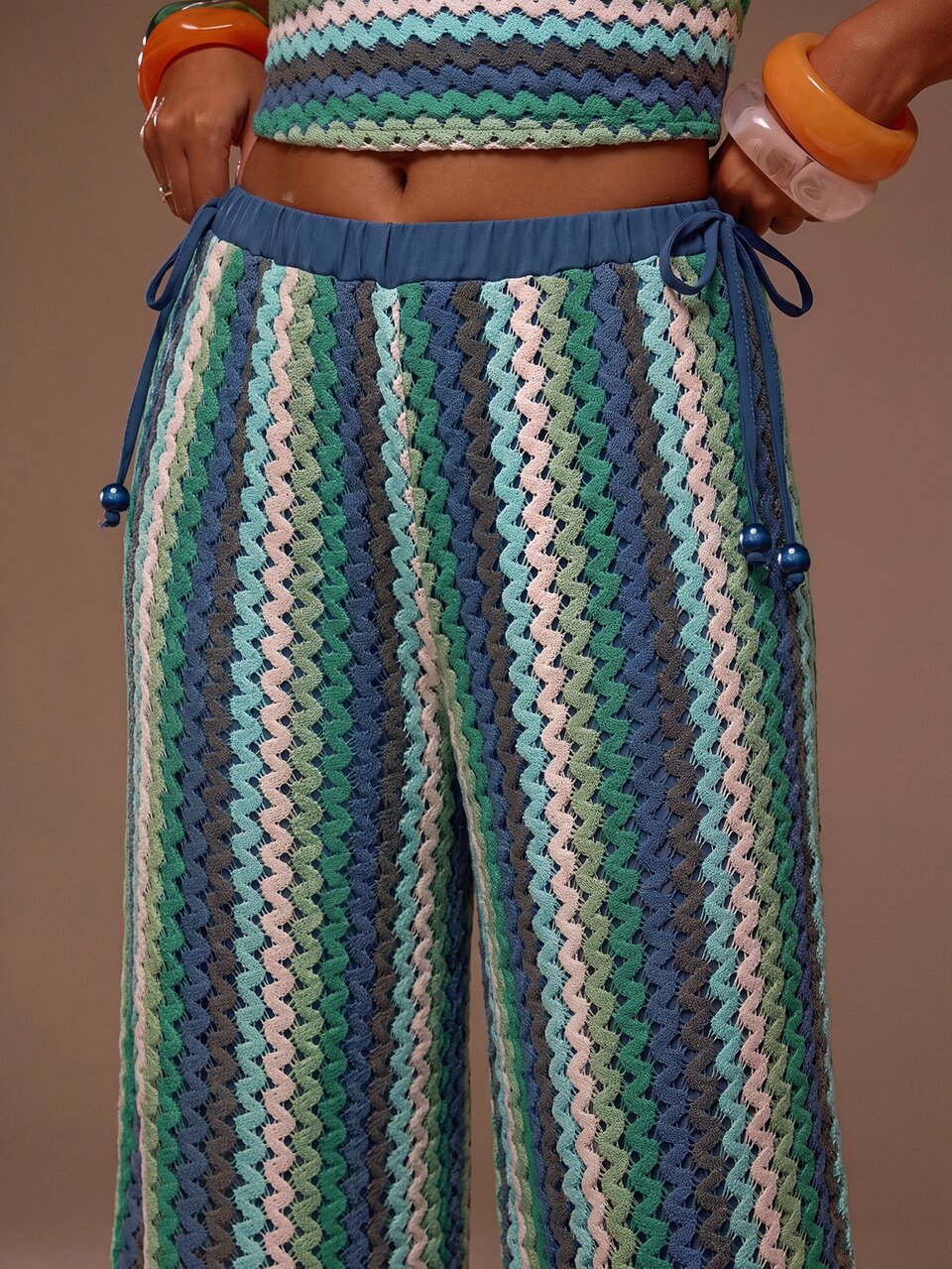 Textured Beaded Tie Side Flowy Wide Leg Trouser Coord Bottoms Only Summer Spring Sexy Cute Beach
