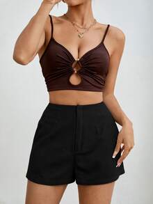 SHEIN PETITE Women's Solid Color Casual Versatile Daily Shorts - Black - View 3