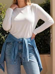 Dazy Plus Solid Color Casual Round Neck Versatile All-Match Long Sleeve White T-Shirt Spring/Autumn New Style - White - View 5
