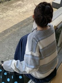 Dazy Plus Contrast Stripe Loose Long Sleeve V-Neck Casual Vintage Pullover Knit Sweater, Autumn/Winter - Grey - View 2