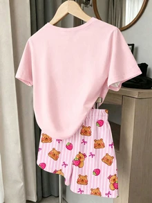 Tween女孩休閒極簡可愛亮面紋理水豚圖案奶油粉短袖上衣與短褲兩件套，適合夏季，圖案設計，Kawaii，女孩套裝，Y2K，舒適，返校，度假 - 彩色 - 查看 4