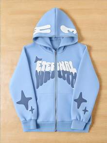 SHEIN Coolqubz 青少年男孩連帽街頭風Y2K字母萬聖節運動衫 - 藍色 - 查看 1