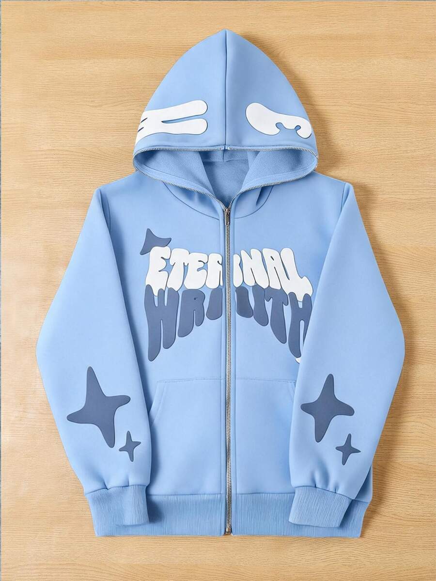 SHEIN Coolqubz 青少年男孩連帽街頭風Y2K字母萬聖節運動衫 - 藍色 - 查看 1