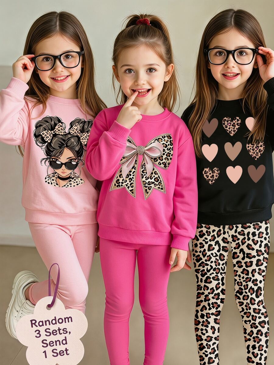 Young Girl 1pc Leopard & Bow Print Drop Shoulder Sweatshirt & 1pc Leggings - Multicolor - View 1
