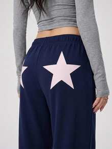 DAZY Celana Olahraga Wanita Motif Bintang Model Lurus untuk Musim Gugur - Navy Blue - View 4