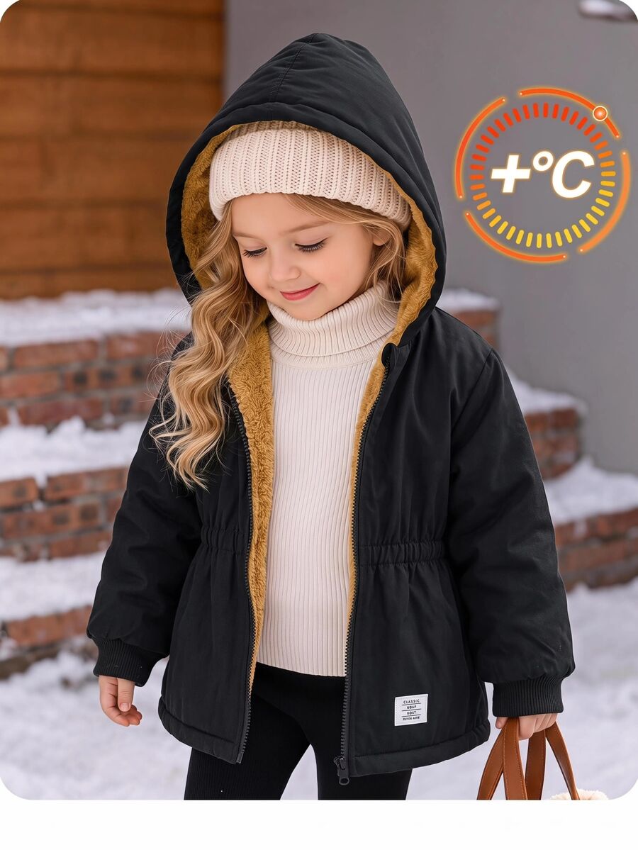 SHEIN Baby Girl Cute Winter Thermal Lined Zipper Hooded Jacket - Black - View 1