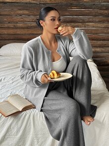 Dazy Plus Autumn/Winter Minimalist Brushed Knit Relaxed Fit Loungewear Pajama Set, Suitable For Home And Outdoor Wear - Grey - View 2