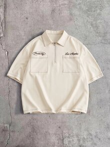 AXEPEAK 男士字母圖案短袖口袋休閒 Polo 衫 - 杏色 - 查看 2