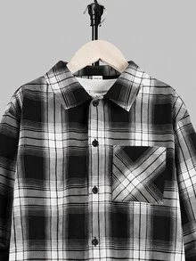 SHEIN 兒童青少年男孩休閒日常舒適格紋翻領寬鬆長袖梭織鈕扣襯衫 - 黑與白 - 查看 4