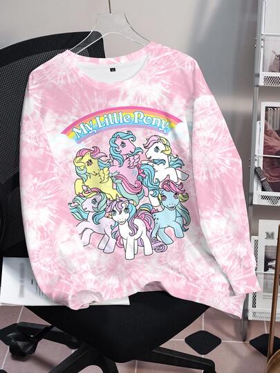 My Little Pony X SHEIN Plus Size Tie-Dye Cartoon Print Crew Neck Sweatshirt