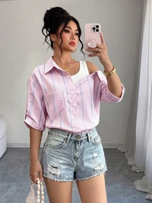 SHEIN LUNE CURVE Women's Fashion 2 In 1 Patchwork Short Sleeve Blouse Fall - Multicolor - View 3